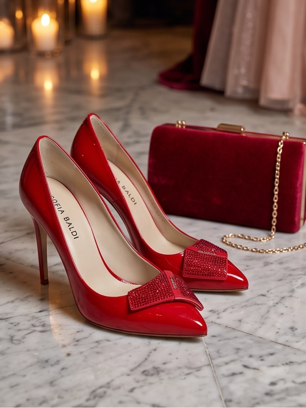 Sofia Baldi Women’s Red Patent Leather Pointed-Toe High Heels with Crystal Bow